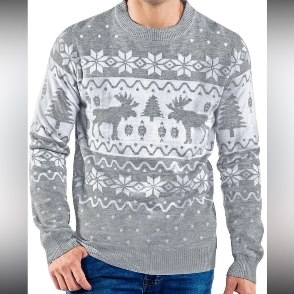 NWT Tipsy Elves Men’s Gray & White Moose 🫎 Ugly Christmas 🎄 Sweater Size XL